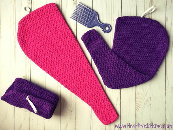 hair towel with a twist crochet pattern worn on head