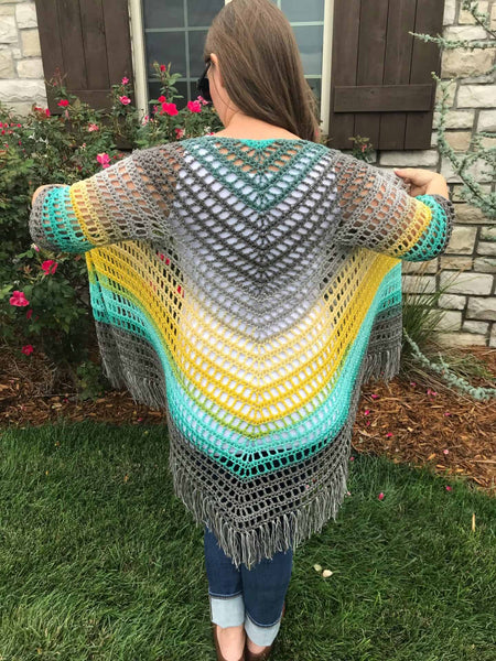 its shawl good cardigan crochet pattern fringed triangle shawl with sleeves front view