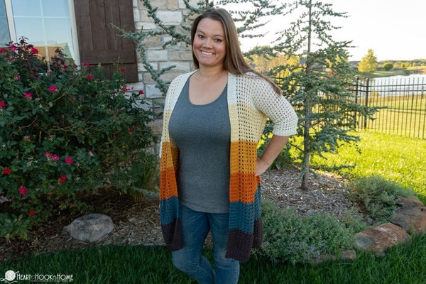 Grid Cardi crochet pattern textured open cardigan worn