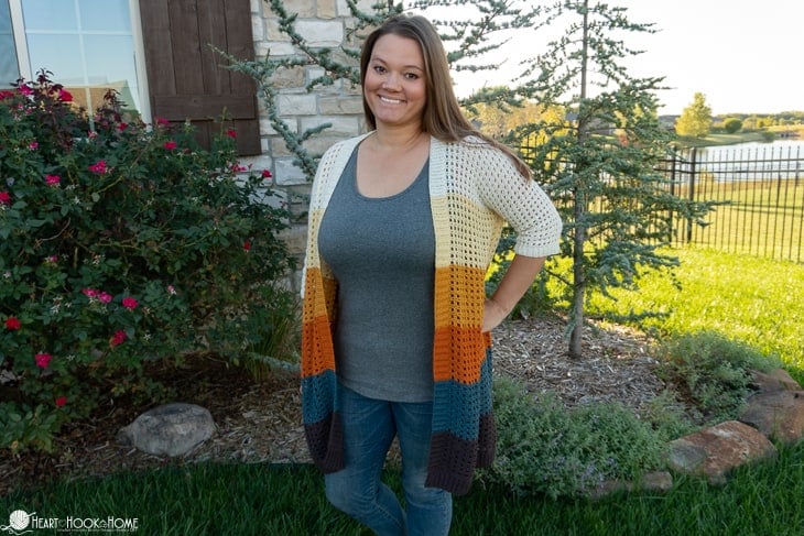 Grid Cardi crochet pattern textured open cardigan worn
