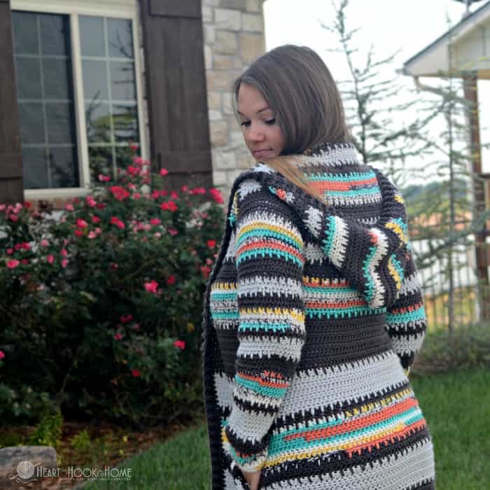 painted canyon hooded cardigan crochet pattern striped front view