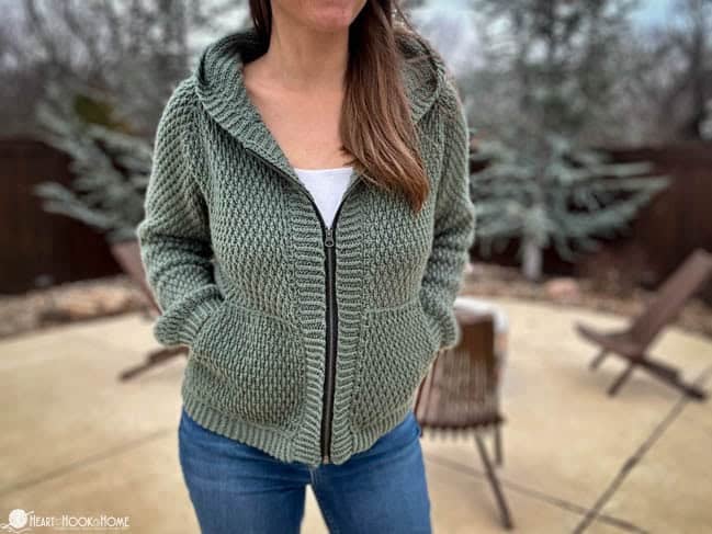kazbek cardigan crochet pattern alpine textured cardigan front view