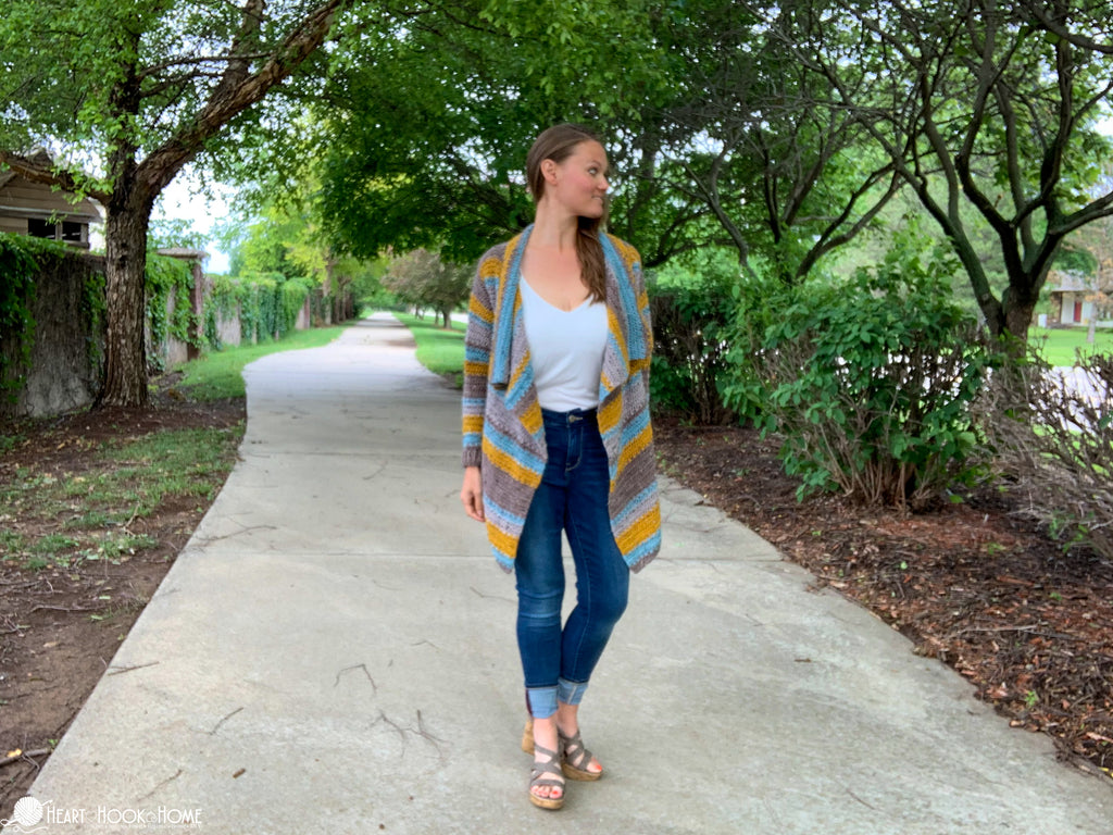 fit view of oversized crochet blanket cardigan pattern