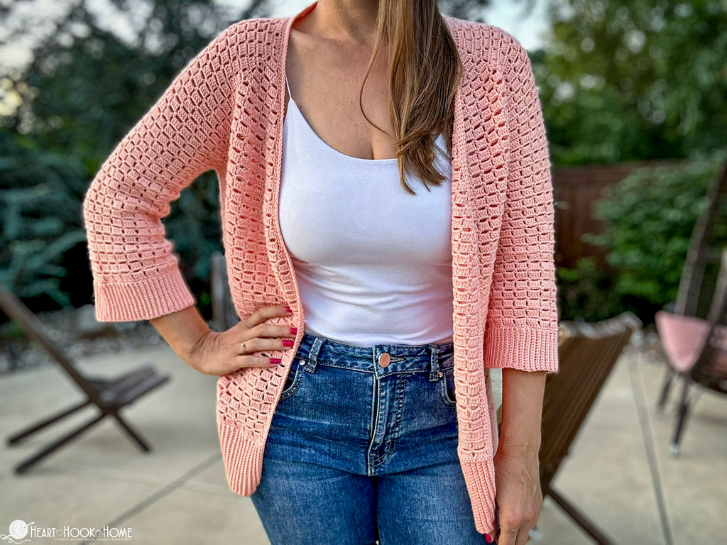 woman wearing textured crochet office cardigan