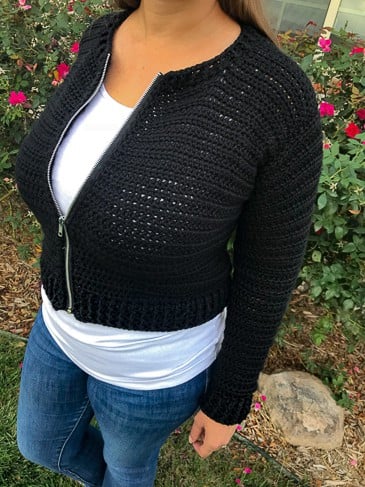 bombshell bomber cardi crochet pattern front view jacket