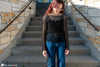 woman wearing crochet mesh sleeves blouse