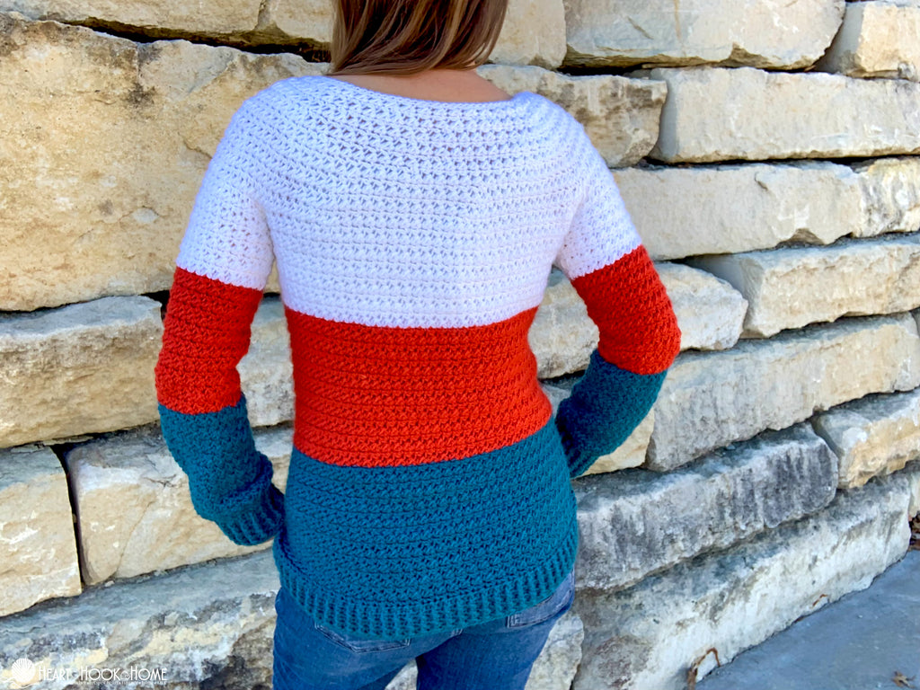 fit view of color block crochet sweater pattern