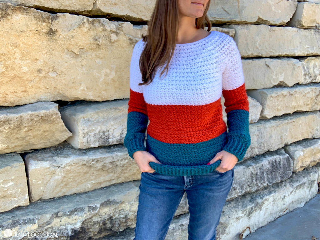color block detail of crochet sweater pattern sections