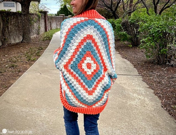 corner to corner cocoon crochet pattern c2c cardigan front view