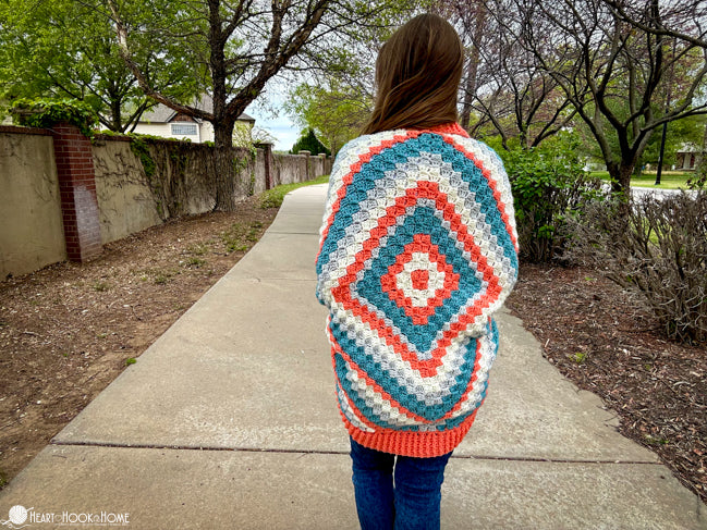 back view c2c crochet cocoon cardigan diagonal texture