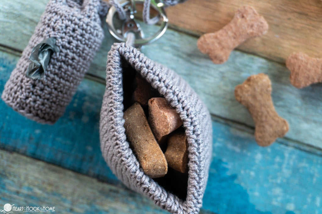 crochet dog treat bag clipped to waistband for training