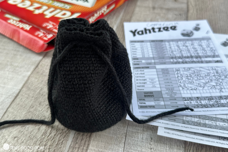 close up crochet drawstring pouch stitch texture and closure