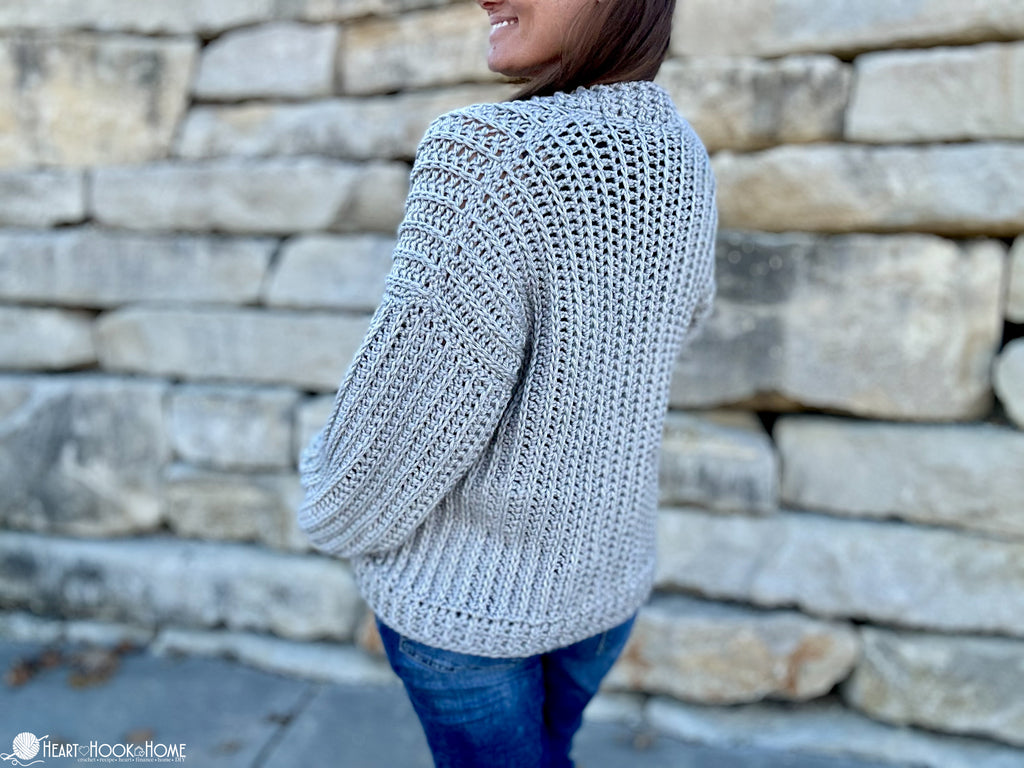 close up of bulky yarn crochet cardigan texture
