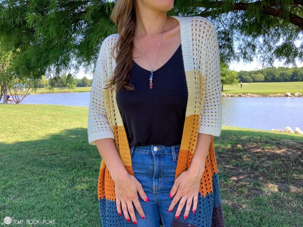 grid stitch detail of crochet cardigan pattern