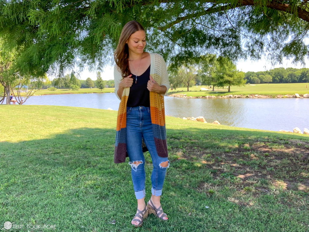 fit view of grid cardi crochet pattern cardigan