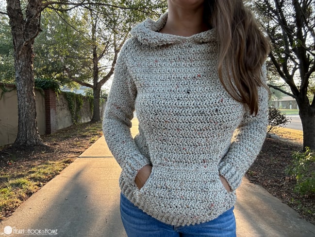 harvest hoodie crochet pattern adult hooded sweater front view