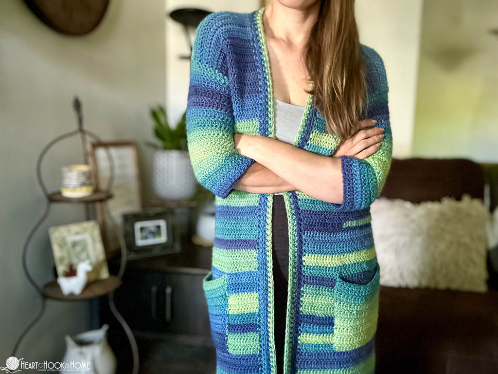 woman wearing long crochet housecoat cardigan