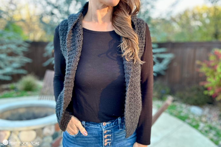side profile of crochet hooded vest layering piece