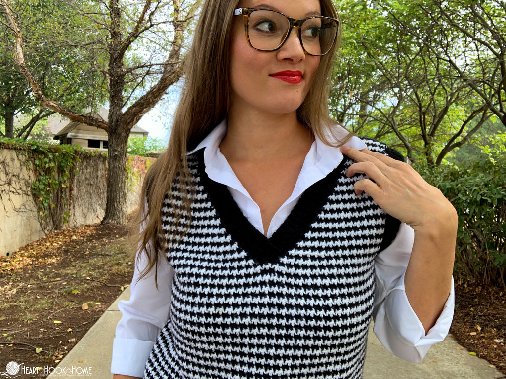 back view crochet houndstooth vest structured fit