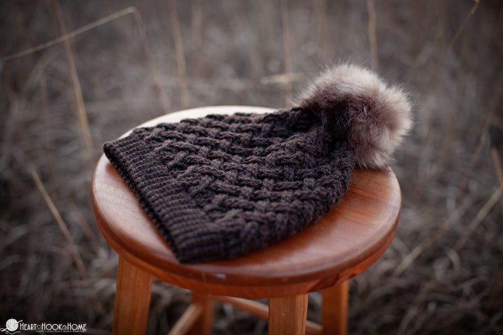 woman wearing lattice crochet beanie hat