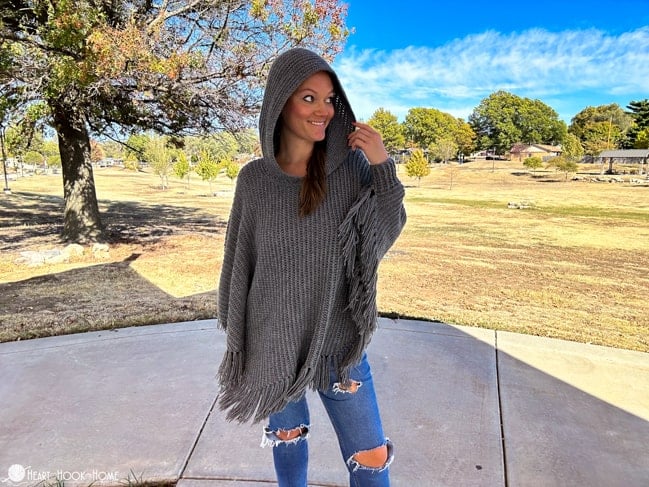 Lori hooded poncho crochet pattern worn cozy hooded wrap