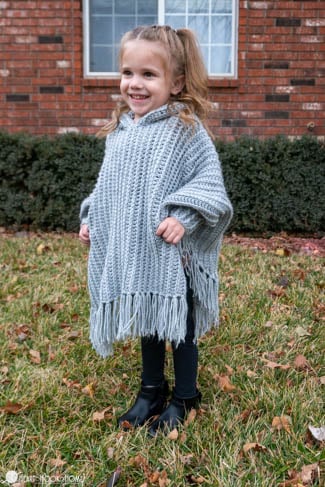 lori poncho kids crochet pattern hooded poncho front view