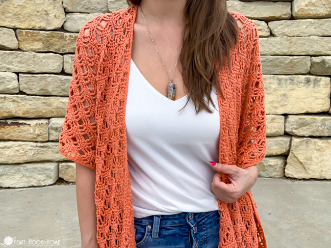 woman wearing crochet ruana wrap pattern