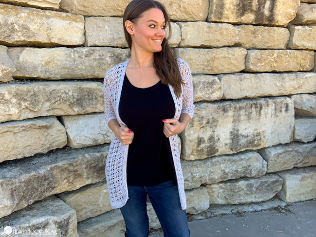 woman wearing maisey crochet cardigan