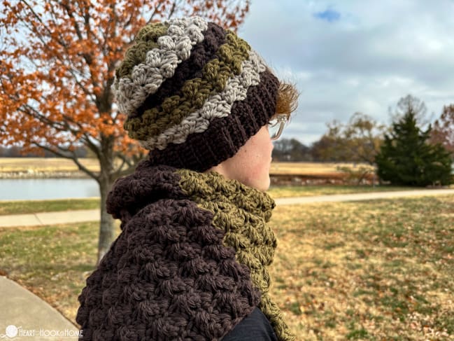 andys scarf and beanie crochet pattern matching set worn
