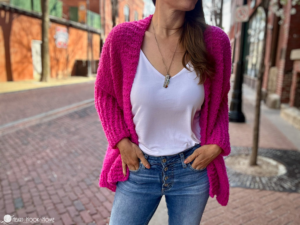 woman wearing tunisian crochet cardigan outfit