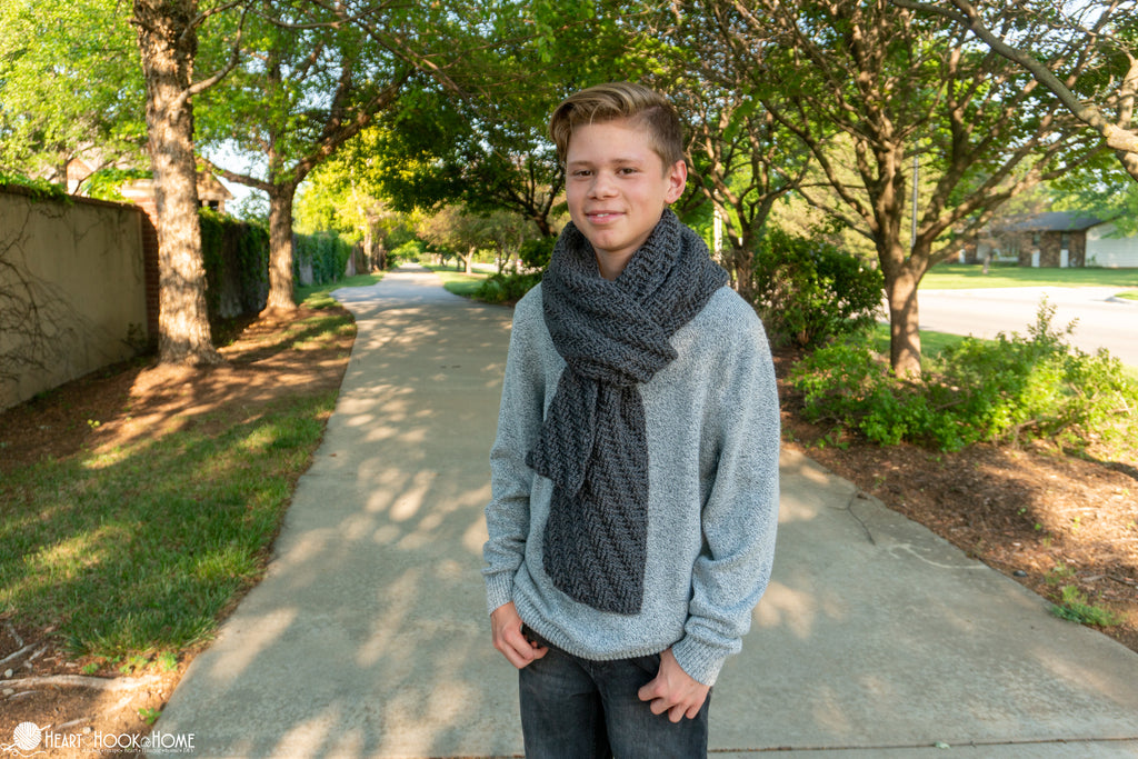 mens crochet scarf worn winter style reversible design