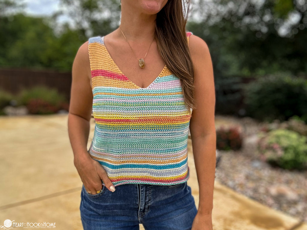 model wearing simple tunisian crochet tank top