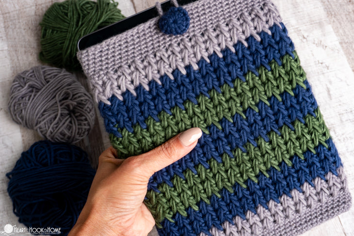 close up crochet tablet sleeve dense stitch texture