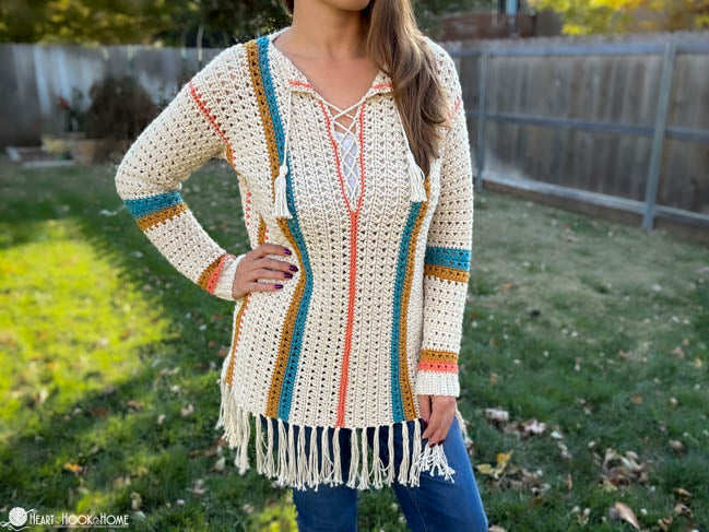 woman wearing hippie chic crochet tunic top