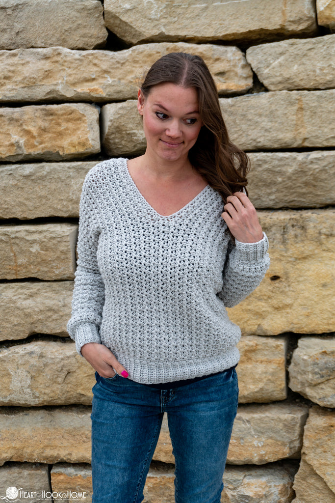woman wearing basic v neck crochet sweater