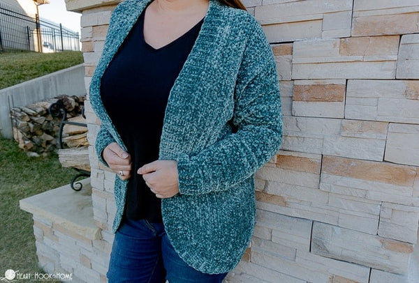 velvet cardi crochet pattern plush soft cardigan front view