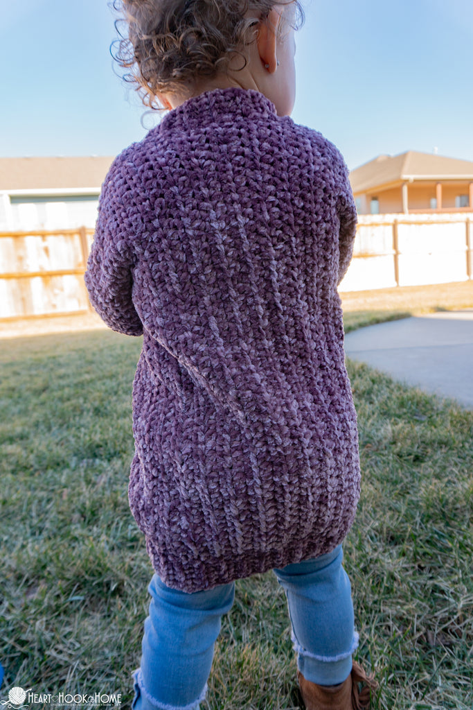 child wearing velvet crochet cardigan sweater