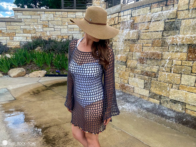 close up openwork lace crochet stitch swimsuit coverup